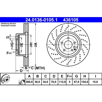 Abbildung von ATE 24.0136 0105.1 Bremsscheibe 360,0 36,0 5 112,0 gelocht/innenbel. beschichtet legiert/hochgekohlt MERCEDES BENZ: S Klasse Limousine, Coupe