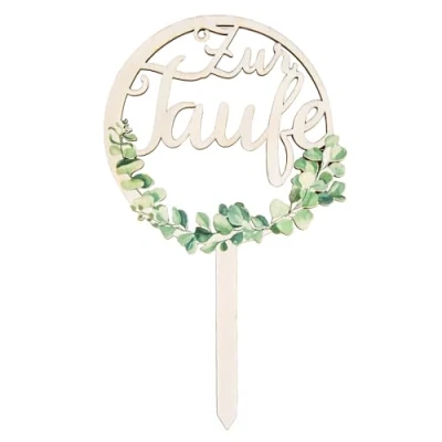 Abbildung von Logbuch Verlag Cake Topper Taufe aus Holz Eukalyptus Kuchendeko Tortendeko Tauftorte Tauffeier Deko grün natur 20x12 cm