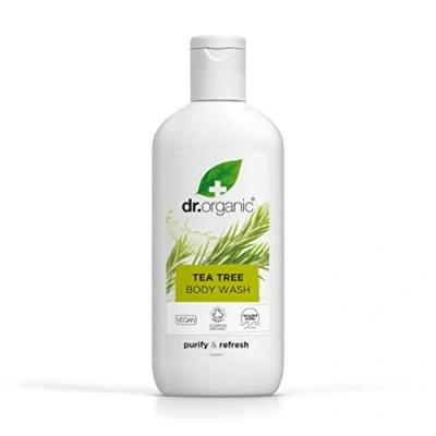 Abbildung von Dr Organic Teebaum Körperwaschgel, Duschgel, Natürlich, Vegan, Tierversuchsfrei, Paraben &amp; SLS frei, Recycelbar Aus im Meer gebundenem Plastik recycelt, Zertifiziert Bio, 250ml