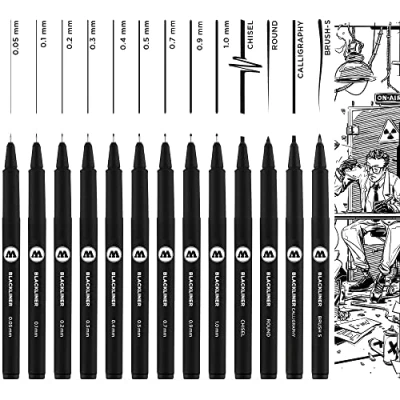 Abbildung von Molotow Blackliner Complete 13er Set (Strichstärke 0,05 mm bis 1,0 &amp; spezielle Spitzen, Fineliner mit permanenter, dokumentenechter Tinte) 13 Stück schwarz