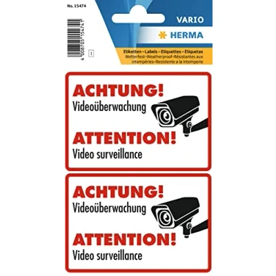 Abbildung von HERMA 15474 Videoüberwachung Aufkleber wetterfest, 2 Stück, 85 x 55 mm, selbstklebend, groß, videoüberwacht Etiketten Schild aus langlebiger Folie für Außen und Innenbereich, weiß