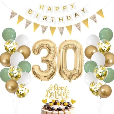 Abbildung von 30.Geburtstag Deko Salbeigrüne, Luftballon 30. Geburtstag Männer Frau, Ballon Grün Weiß Gold, Zahl 30 Folienballon, Tortendeko für Dekoration