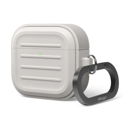 Abbildung von elago Armor Hülle Kompatibel mit AirPods 4. Generation 4 Hülle, Karabiner Inklusive, Unterstützt Kabelloses Laden, Stoßfest, Voller Schutz (Taupe)