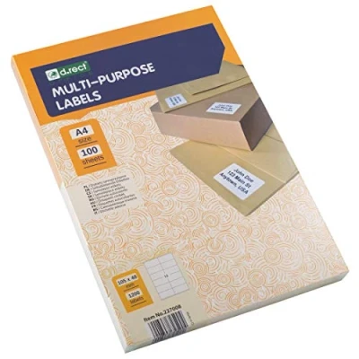 Abbildung von D.RECT Klebeetiketten Universal Etiketten (105x48mm auf DIN A4) bedruckbar selbstklebend 100 Blatt/Packung 12 Etiketten/Blatt 1200 Stücke weiß