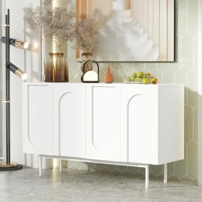 Abbildung von Merax Kommode mit 4 Türen, Sideboard 140cm, Weiß Modernes Buffetschrank Beistellschrank viel Stauraum, Verstellbare Ablage, Metallbeinen, Mehrzweckschrank für Wohnzimmer Schlafzimmer Flur Büro