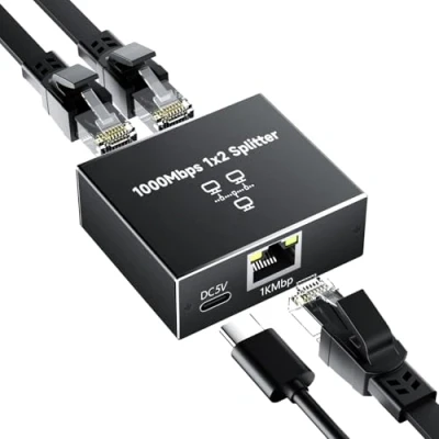 Abbildung von GlasFlength LAN Splitter 1 Auf 2 1000Mbps Ethernet Splitter, Switch 4 Port Mit Type C Netzkabel Gigabit Stromkabel für Computer Hubs Switches Router Set Top Box Digital TV et