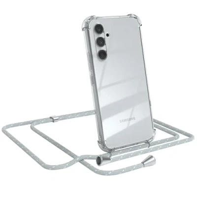 Abbildung von EAZY CASE Handy Chain kompatibel mit Samsung Galaxy A54, Handykette Tasche transparent, Stoßfeste Soft Silikon TPU, Stylische Kette für Smartphone, Grau/Weiß Verschlüssen in Silber
