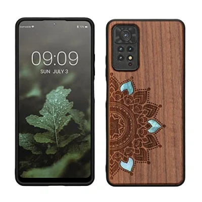 Abbildung von kwmobile Hülle kompatibel mit Xiaomi Redmi Note 11 Pro/Note Pro (5G) / 12 (4G) Holz Case Handy Cover TPU Handyhülle in Dunkelbraun Aufgehende Sonne Perlmutt