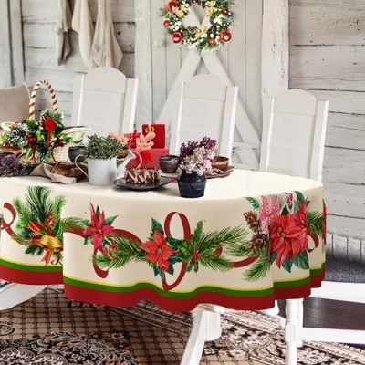 Abbildung von Yighty Ovale Weihnachtstischdecke, Weihnachtsstern, Stechpalme, Tannenzapfen, Polyester, wasserdicht, knitterfrei, langlebig, Tischdecke für Urlaub, Küche, Winter und Heimdekoration