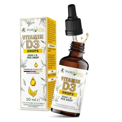 Abbildung von Pharmavital Vitamin D3 Tropfen 5000 50ml flüssig (1830 Tropfen) Laborgeprüfte I.E. pro Immunsystem stärken, für Knochen und Muskeln Hochwertig: sehr hohe Stabilität, vegetarisch