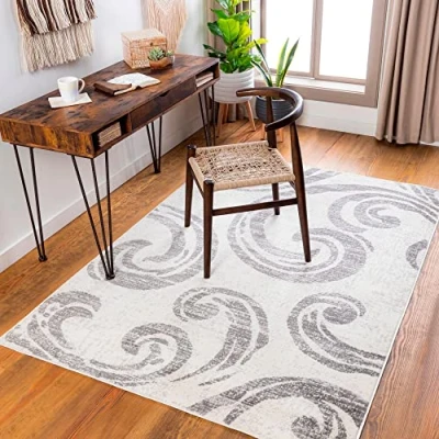 Abbildung von Livabliss Marseille Wohnzimmer Teppich modern Abstrakt Design in Marmor Optik für 152x213 cm, Esszimmer, Schlafzimmer groß, weicher Kurzflor Elfenbein und Grau