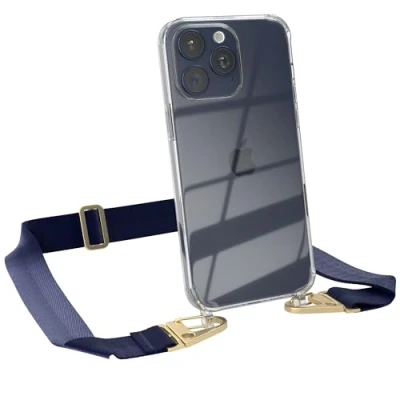 Abbildung von EAZY CASE Hülle mit Band kompatibel iPhone 15 Pro Max Handyhülle Umhängeband für Silikonhülle Transparent Schutzhülle Handykette zum Umhängen Handykordel in Blau Gold