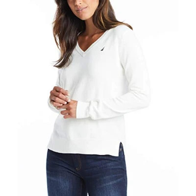 Abbildung von Nautica Damen Effortless J Klasse Langarm 100% Baumwolle mit V Ausschnitt Pullover, Marshmallow, XS
