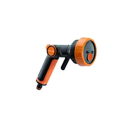 Abbildung von Fiskars SoftGrip Sprühpistole, 4 Funktionen, Mit Brause , Flach Spül und Strahl Sprühbild, Stufenlos einstellbar, Daumengesteuerte ON/OFF Durchflusskontrolle, Universalgröße,Schwarz/Orange,1020446