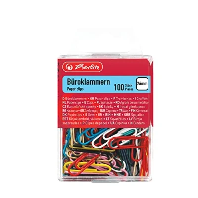 Abbildung von Herlitz 8760811 Büroklammer 26 mm, kunststoffummanteltes Metall, 100 Stück in Hängebox, farbig sortiert