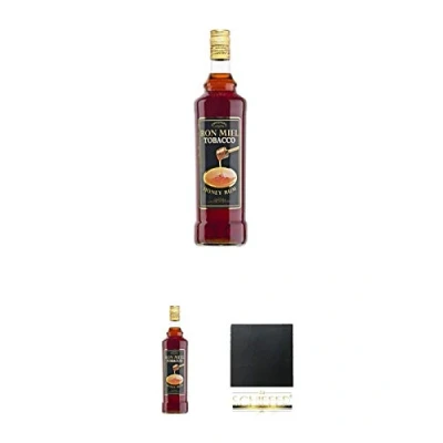 Abbildung von Ron Miel Tobacco Honey Rum 1,0 Liter + Schiefer Glasuntersetzer eckig ca. 9,5 cm Durchmesser