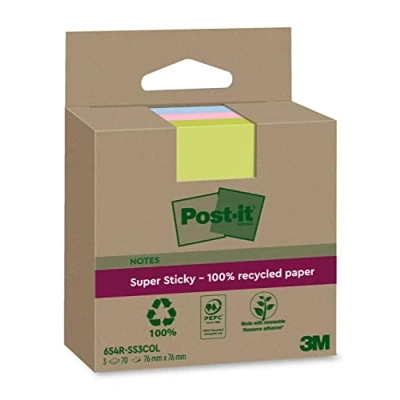 Abbildung von Post it Super Sticky 100 % Recycling Notes, 3 Blöcke, 70 Blätter pro Block, 76 mm x mm, Pink, Grün, Blau Extra starke Haftnotizen aus Recyclingpapier