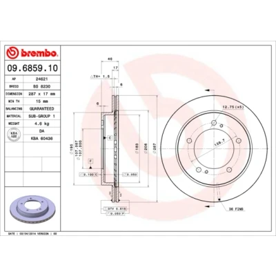 Abbildung von BREMBO 09.6859.10 Bremsscheibe 287 17 5 innenbelüftet SUZUKI: Jimny SUV, Vitara I SUV Cabrio,