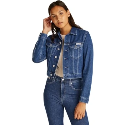 Abbildung von Calvin Klein Jeans Cropped Trucker Jeansjacke, Damen, Größe: XL, Denim medium