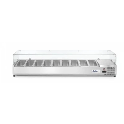 Abbildung von HENDI Aufsatzkühlvitrine, 4 höhenverstellbaren Füßen, Temperatur von 2 bis 8C, Digitales Bedienfeld, elektronisches Thermostat, 9x GN 1/3, 230V, 180W, 2006x395x(H)430mm, Edelstahl
