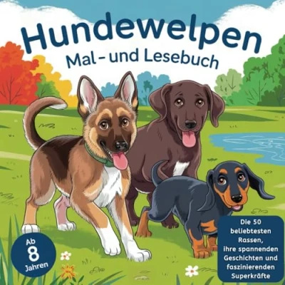 Abbildung von Hundewelpen Mal und Lesebuch: Die 50 beliebtesten Rassen, ihre spannenden Geschichten faszinierenden Superkräfte ab 8 Jahren