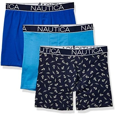Abbildung von Nautica Herren Klassische Unterwäsche, Baumwolle, Stretch, 3er Pack Retroshorts, Aero Blue/Sea Cobalt/Anchor Printpeacoat, Small