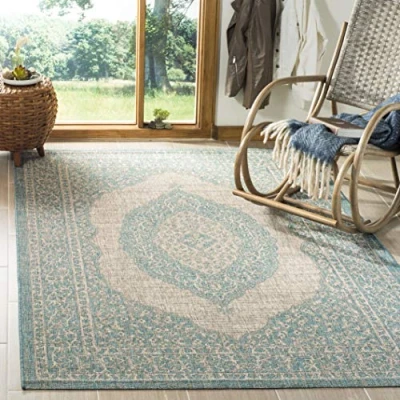 Abbildung von SAFAVIEH Zeitgenössische Teppich für Wohnzimmer, Esszimmer, Schlafzimmer Courtyard Collection, Kurzer Flor, Hellgrau und Aqua, 79 X 152 cm