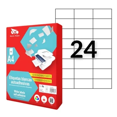 Abbildung von Raylu Paper ® selbstklebende weiße Etiketten zum Drucken, Papieraufkleber auf A4 Bögen für Inkjet Drucker, Laser und Fotokopierer, 24 pro Blatt (70 x 37 mm)