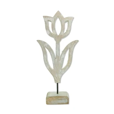 Abbildung von Holz Skulptur Tulpe weiß braun 14 x 31cm Dekofigur Tisch Deko Holzblume Figur