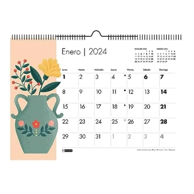 Abbildung von Miquelrius Wandkalender 2024, Größe A3: 420 x 296 mm, mit Platz zum Notieren, Doppelspiralbindung, Spanisch, Pfingstrosen Design, Vasen
