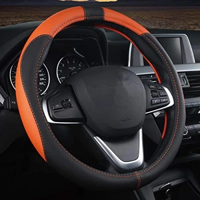 Abbildung von Pahajim Lenkradbezug Auto Universal Lenkradhülle Anti Rutsch Atmungsaktiv Lenkrad Bezüge Spleißen Lenkradschoner aus Mikrofaser Leder 38cm (Schwarz Orange)