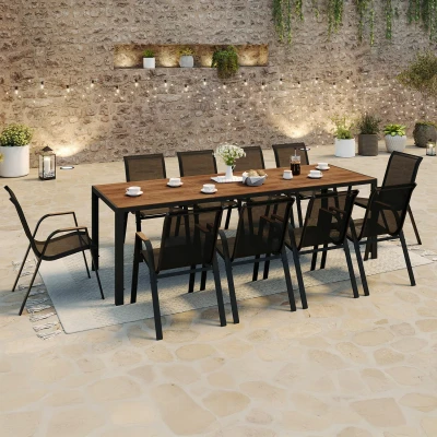 Abbildung von Gartenmöbel schwarz und Holz Tisch 240 cm mit 10 stapelbaren Stühlen IDMarket