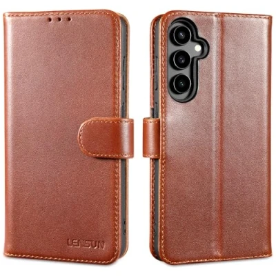 Abbildung von LENSUN Handyhülle für Samsung Galaxy S23 FE Echtleder, Handy Hülle [Echtes Leder] [Standfunktion] [RFID Schutz] Lederhülle Handytasche 5G Dunkelbraun