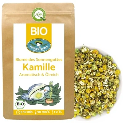 Abbildung von Bio Kamillentee 800g ganze Kamillenblüten getrocknet aromastark und ölreich direkt vom europäischen Familienbetrieb PEPPERMINTMAN