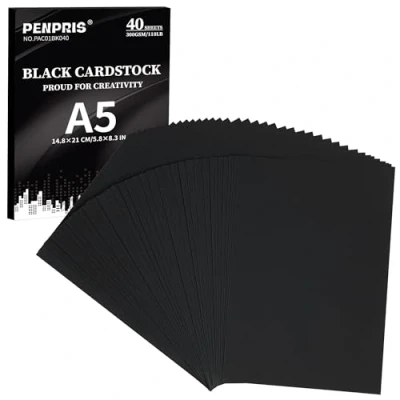Abbildung von 300gsm Schwarzer Kartonpapier 40 Blatt A5 Größe Cover Card Stock 110lb Heavyweight Papier dickes für DIY Kartenherstellung, Einladungen, Postkarten, Visitenkarten PAC01BK040
