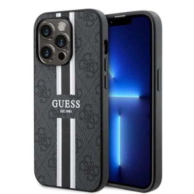 Abbildung von CG MOBILE Handyhülle für iPhone 15 Pro PC/TPU Schwarz Hardcase Kompatibel mit Magsafe 4G Gedruckte Streifen Guess
