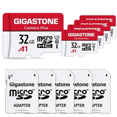 Abbildung von Gigastone Kamera Plus 32GB MicroSDHC Speicherkarte 5er Pack + SD Adapter, für Action und Drohne, Lesegeschwindigkeit bis zu 90MB/s, Full HD Videoaufnahme, A1 U1 Klasse 10 Micro Karte UHS I