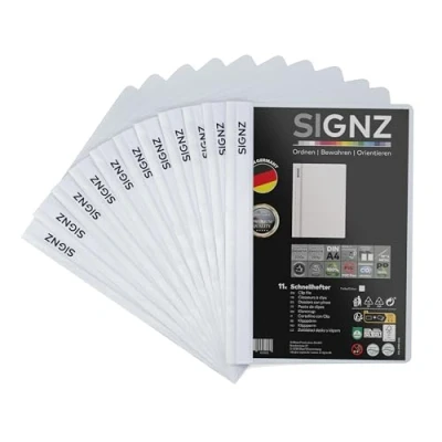 Abbildung von SIGNZ Schnellhefter DIN A4, stabil, 11 Stück, weiß, transparenter Deckel, CO2 neutral hergestellt, aus recycelbarem Kunststoff (PP), FSC Mix 70%, made in Germany