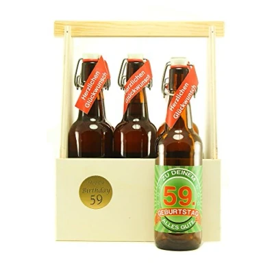 Abbildung von Bier Geschenk 6 er Holz Träger mit Fl. 59. Geburtstag