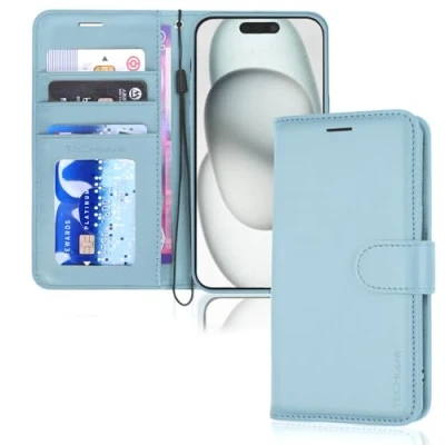Abbildung von TECHGEAR hülle iPhone 15 Plus Leder klappbar, PU Flip Schutzhülle Ledertasche [Brieftasche] Handyhülle mit Ständer und Handschlaufe Hellblau Kompatible