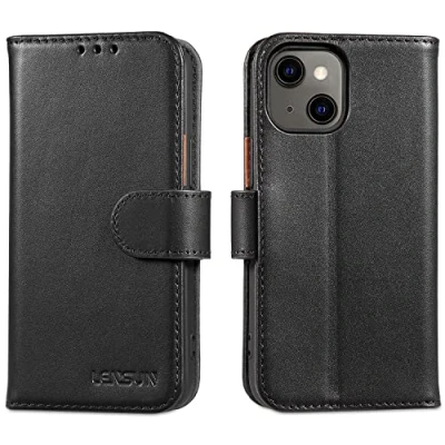 Abbildung von LENSUN Echtleder Hülle für iPhone 13 Mini, Handyhülle [Echtes Leder][Magnetverschluss][RFID Schutz] Handytasche Lederhülle Kompatibel mit Mini 5G Schwarz