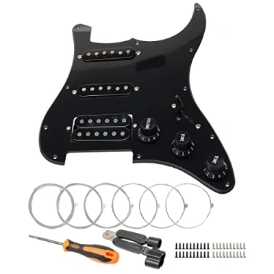 Abbildung von Unxuey 11 Loch belastete vorverdrahtete Schlagbrett Platte mit schwarzen SSH Tonabnehmerteilen für Fender Strat SQ Gitarre, 1 lagig, schwarz, Gitarrensaiten und Installationswerkzeug