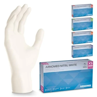 Abbildung von 500 Stück ARNOMED Einweghandschuhe Weiß, Einmalhandschuhe XS, Nitril Handschuhe Einweg, Nitrilhandschuhe puder /latexfrei, Gummihandschuhe Schutzhandschuhe, S, M, L, XL