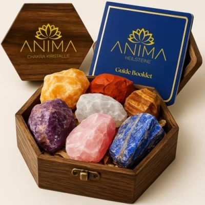 Abbildung von Premium 7 Chakra Kristalle Steine Set Große Rohkristalle und Heilsteine mit Rosenquarz, Amethyst Lapislazuli in einer Holzbox für Heilung Spirituelles Geschenk Frauen Anleitungsheft