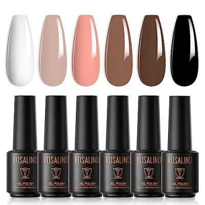 Abbildung von ROSALIND UV Nagellack, 6 Farben Mini Gel Nagellack Set Nackt Braun Shellac Soak Off Nail Polish French Manicure für Frauen Mutter Geschenkset DIY zu Hause