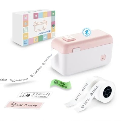 Abbildung von vretti Etikettendrucker, tragbarer wiederaufladbarer Bluetooth Etikettendrucker für Zuhause, Schule und Büro, kompatibel mit Android iOS (3 Papierrollen)