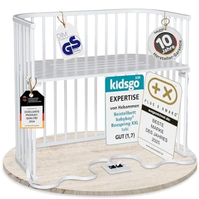 Abbildung von babybay Boxspring XXL Beistellbett aus massivem Buchenholz / Kinderbett Höhe stufenlos verstellbar &amp; umweltfreundlich mitwachsendes Babybett (weiß lackiert)