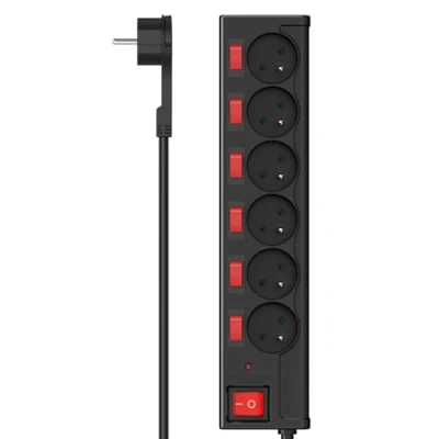 Abbildung von Hama Steckdosenleiste mit Schalter (Block 6 Steckdosen Typ E 16 A, Hauptschalter + einzeln beleuchtet, ideal energiesparend, 45 Steckdosen, Aufhängeöse, 3680 W, Kabel 1,4 m H05VV F) schwarz
