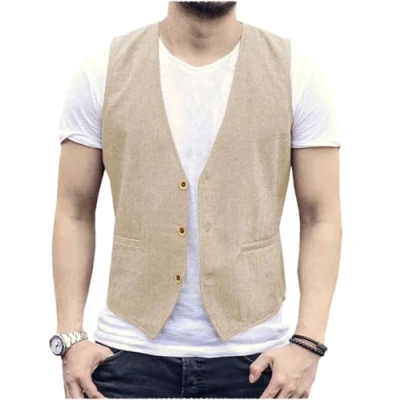 Abbildung von AeoTeokey Herren Sommer Leinenweste Anzug Weste Casual Regular Fit(Champagner,L)