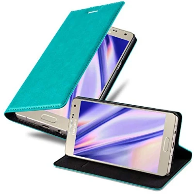 Abbildung von Cadorabo Hülle kompatibel mit Samsung Galaxy A5 2015 aus Premium Kunst Leder Flip Klappbare Stoßfeste Magnetische [Standfunktion] [Kartenfächern] Cover für Tasche in Türkis
